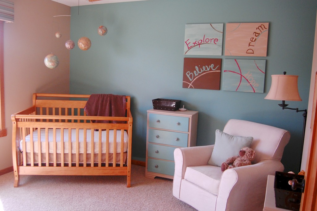 teal and tan nursery with globe mobile